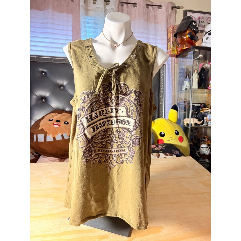 Y2K Harley Davidson Womens Olive Green Lace Up Graphic Tank Top Sleeveless 1W